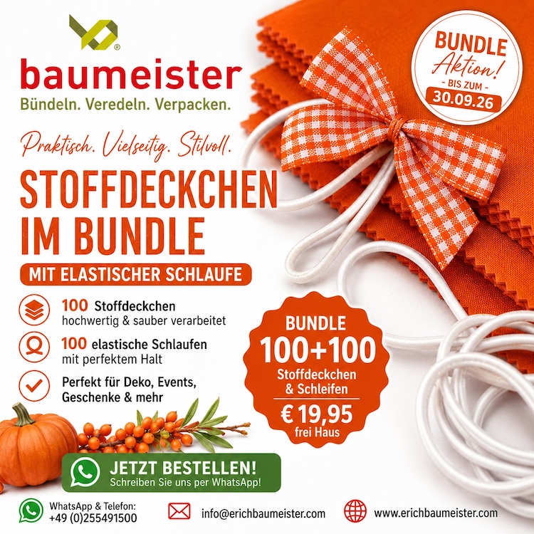 Stoffdeckchen 12 x 12 cm orange - 100 St. per Pack + 100 Stück Dekoschleifen kariert