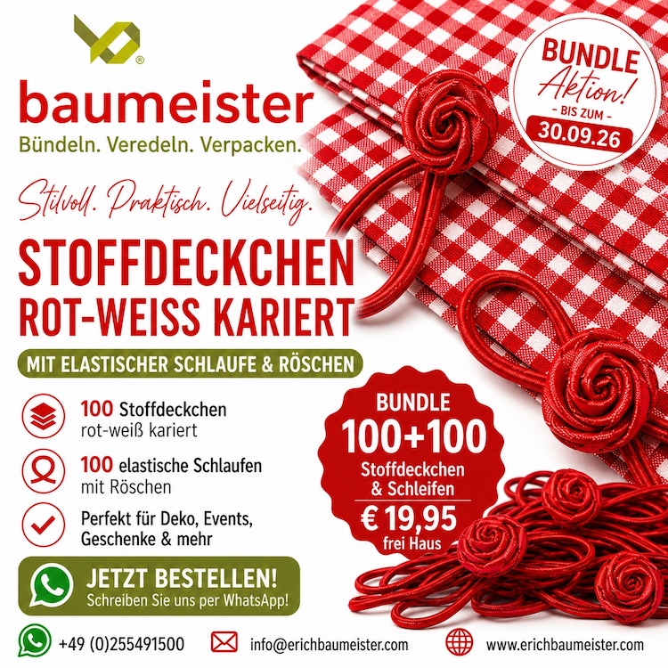 Stoffdeckchen 12 x 12 cm rot-weiss kariert - 100 St. per Pack + 100 Stück Fertigschleifen Rose