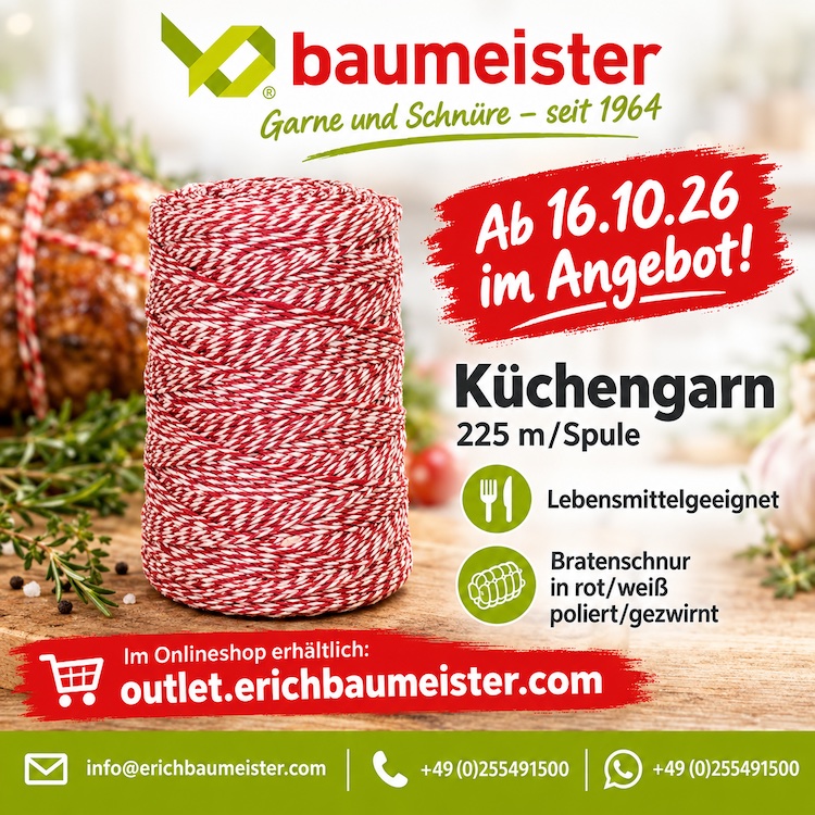 Leinenzwirn Küchengarn 2fach gezwirnt. Farbe: rot/ weiß, poliert.