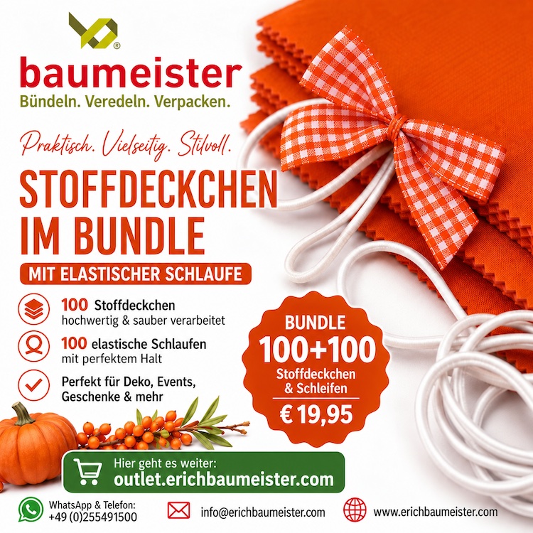 Stoffdeckchen 12 x 12 cm orange - 100 St. per Pack + 100 Schleifen