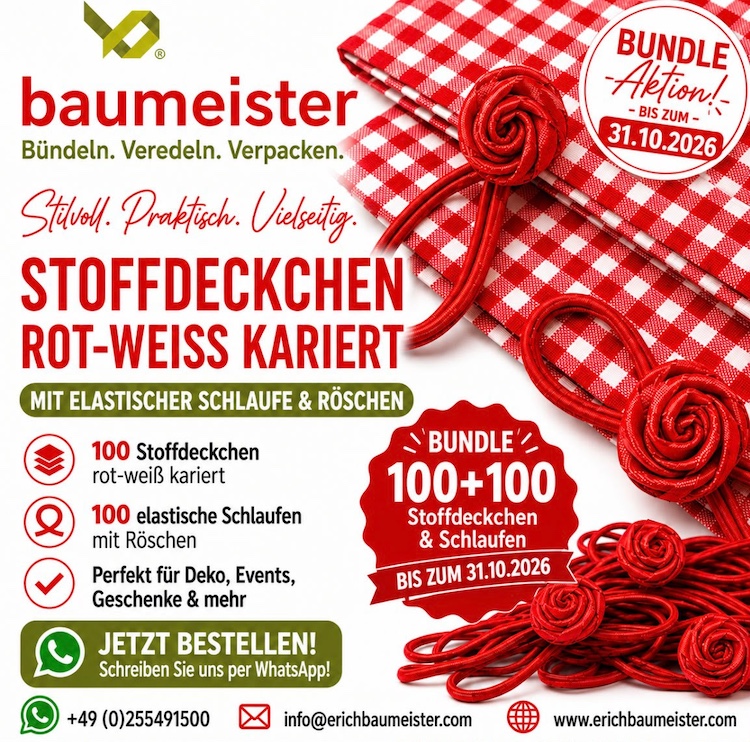 Stoffdeckchen 12 x 12 cm rot-weiss kariert - 100 St. per Pack + 100 Stück Fertigschleifen Rose